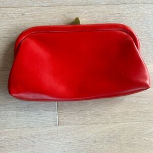 Vintage Vegan Leather Clutch with navy interior and gold tone clasp .Cherry Red